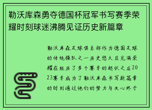 勒沃库森勇夺德国杯冠军书写赛季荣耀时刻球迷沸腾见证历史新篇章 勒沃库森勇夺德国杯冠军书写赛季荣耀时刻球迷沸腾见证历史新篇章