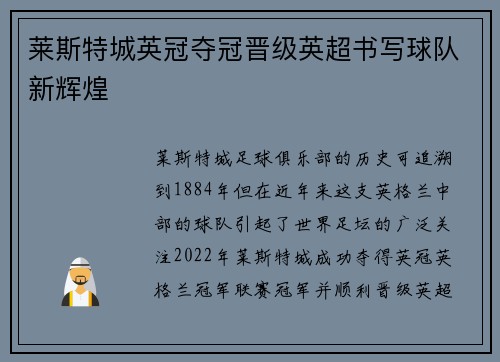 莱斯特城英冠夺冠晋级英超书写球队新辉煌 莱斯特城英冠夺冠晋级英超书写球队新辉煌
