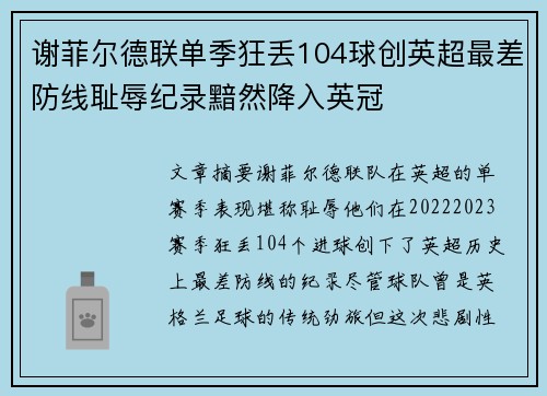 谢菲尔德联单季狂丢104球创英超最差防线耻辱纪录黯然降入英冠 谢菲尔德联单季狂丢104球创英超最差防线耻辱纪录黯然降入英冠